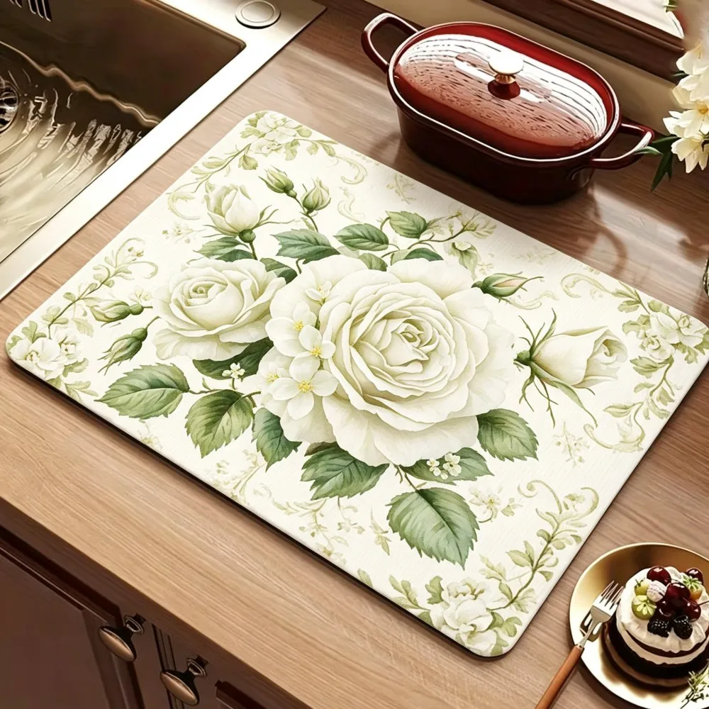 Flower Drainage Mat, Blue and Red Center Floral Pattern, Non-Slip Silicone Kitchen Countertop Drying Pad