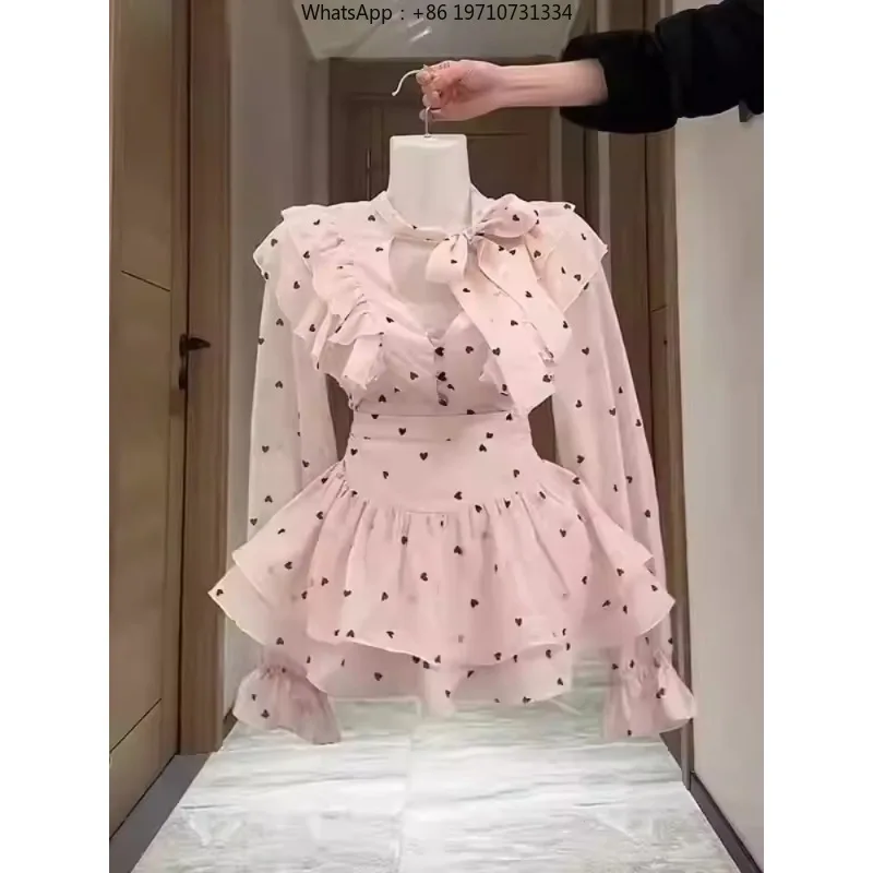 Women Vintage 2 Piece Outfit Polka Dot Shirt and Skirt Spring Matching Set