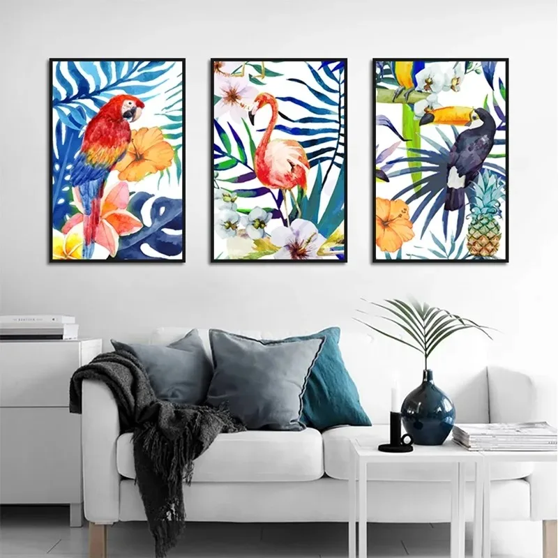 Parrot Style Crane Horn Tropical Animal Flower Minimalist Wall Art Canvas Painting Posters for Living Room Modern Home Decor
