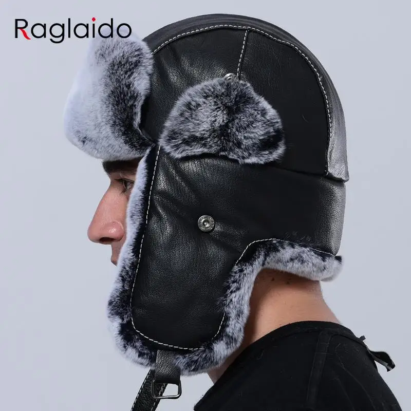 

Winter Warm Men Hat Thick Rabbit Fur Ushanka Russia Natural Fur Trapper Ear Hats