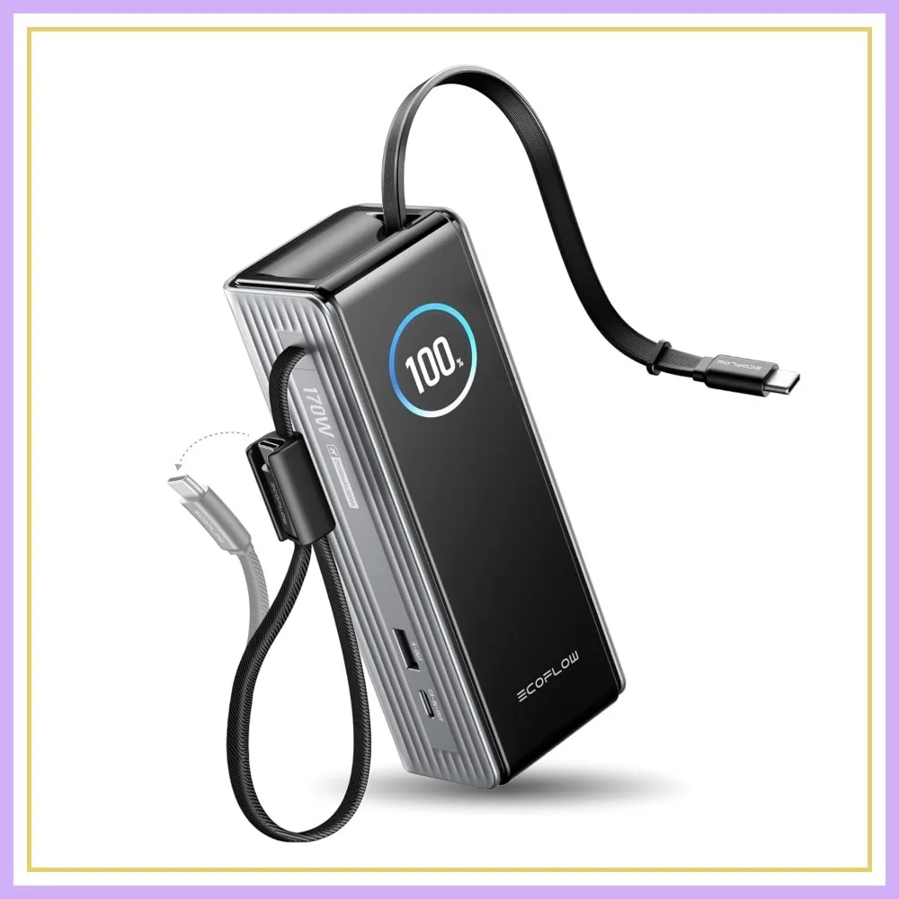 25000mAh Rapid Portable Charger, Triple 100W USB-C Ports, Built-in Retractable Cables, Fast Charging for iPhone 17/16 Series, MacBook, Samsung