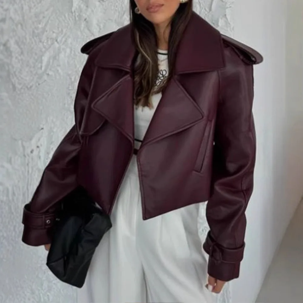 2026 Lady Autumn Streetwear Women's Coat Dark Red Pu Leather Solid Lapel Cropped Jacket Fashion Pockets Long Sleeves Short Coat