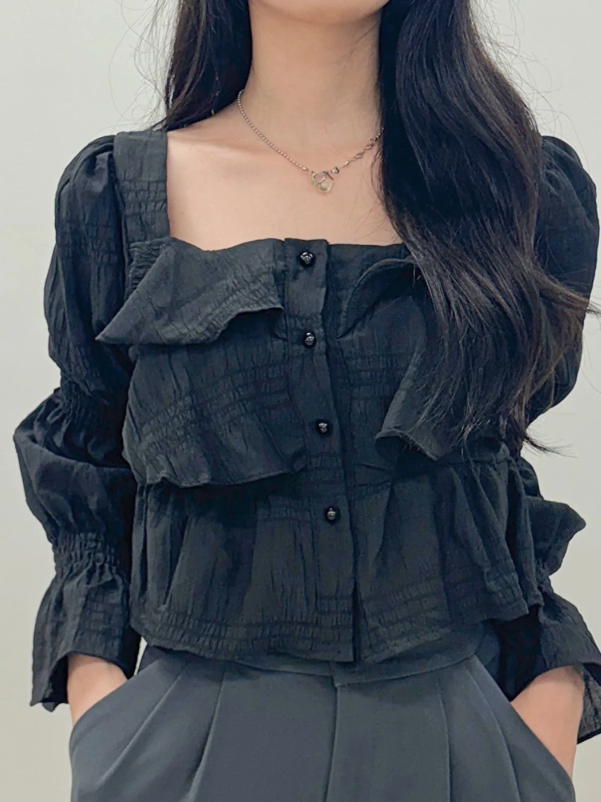 

Women's ort Sve irt with Pleated Lace Hem Square Collar Bell Sve Faionable Commute Sle High Waist Cotton Blend