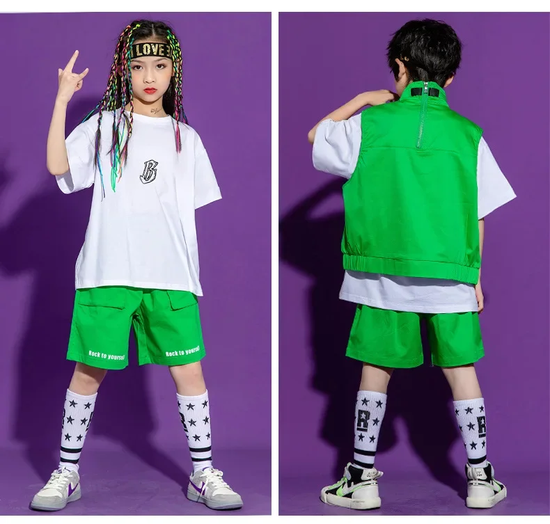 Kinder Hip-Hop-Kleidung, ärmelloses Jackenoberteil, T-Shirt, Streetwear, taktische Cargo-Jogginghose für Mädchen und Jungen, Tanzkostüm, Kleidung. – Detail 14