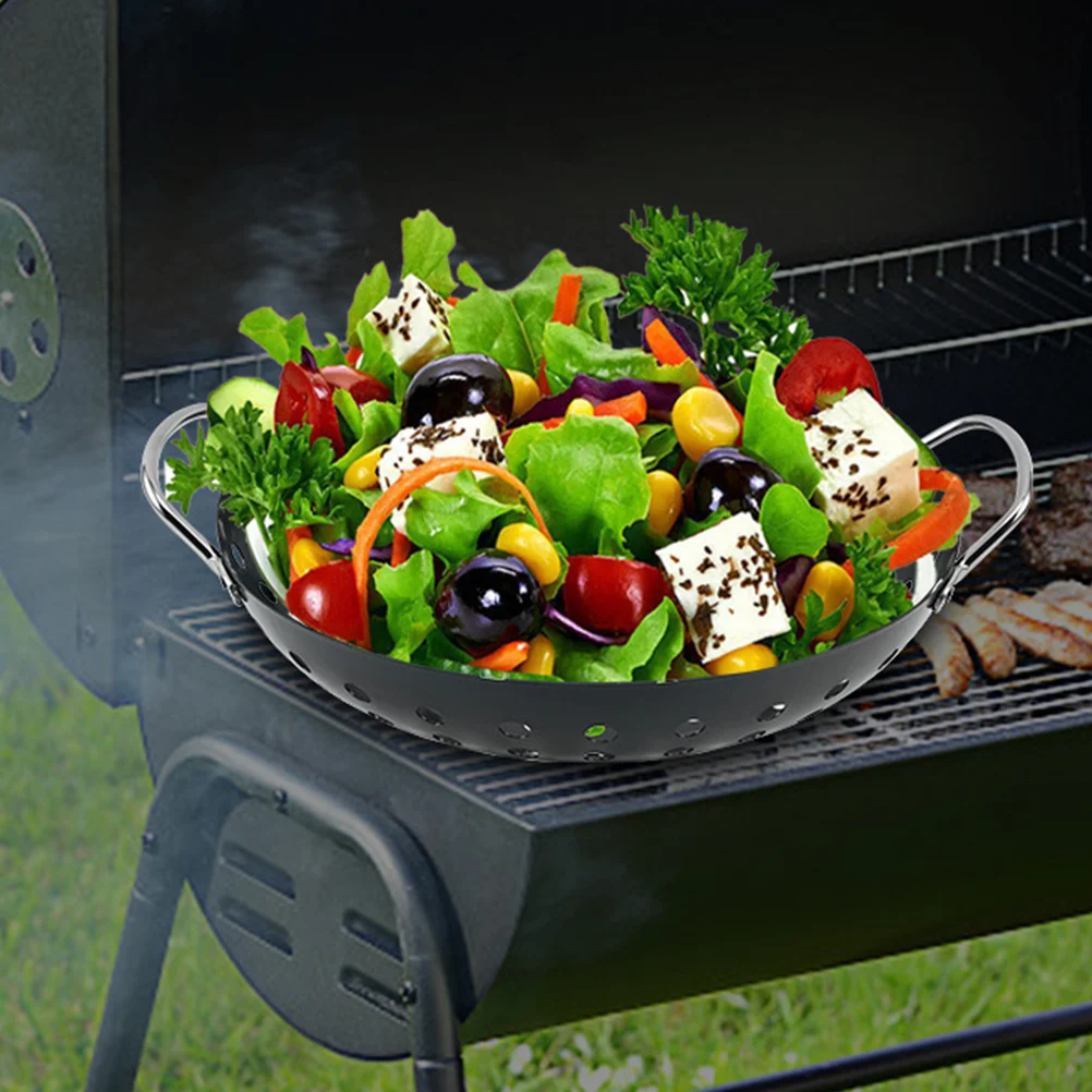 

Metal Non-Stick Bbq Grill Pan Drain Basket High Heat Resistance Camping Barbecue Tray with Holes Reusable Outdoor Grill Tool
