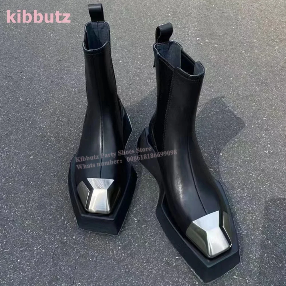 Metal Square Toe Ankle Biker Boots Thick Sole Luxury Leather Solid Color Black Slip-On British Style Fashion Elegant Sexy Shoes - Image 2