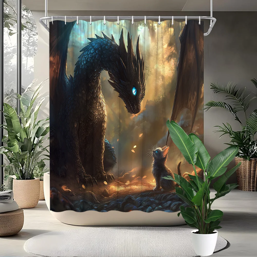 

1 шт. Занавеска для душа Majestic Black Dragon & Kitten в стиле фэнтези — декор для ванной комнаты с мистическим существом, полиэстер с 12 крючками, 70,8x70,8