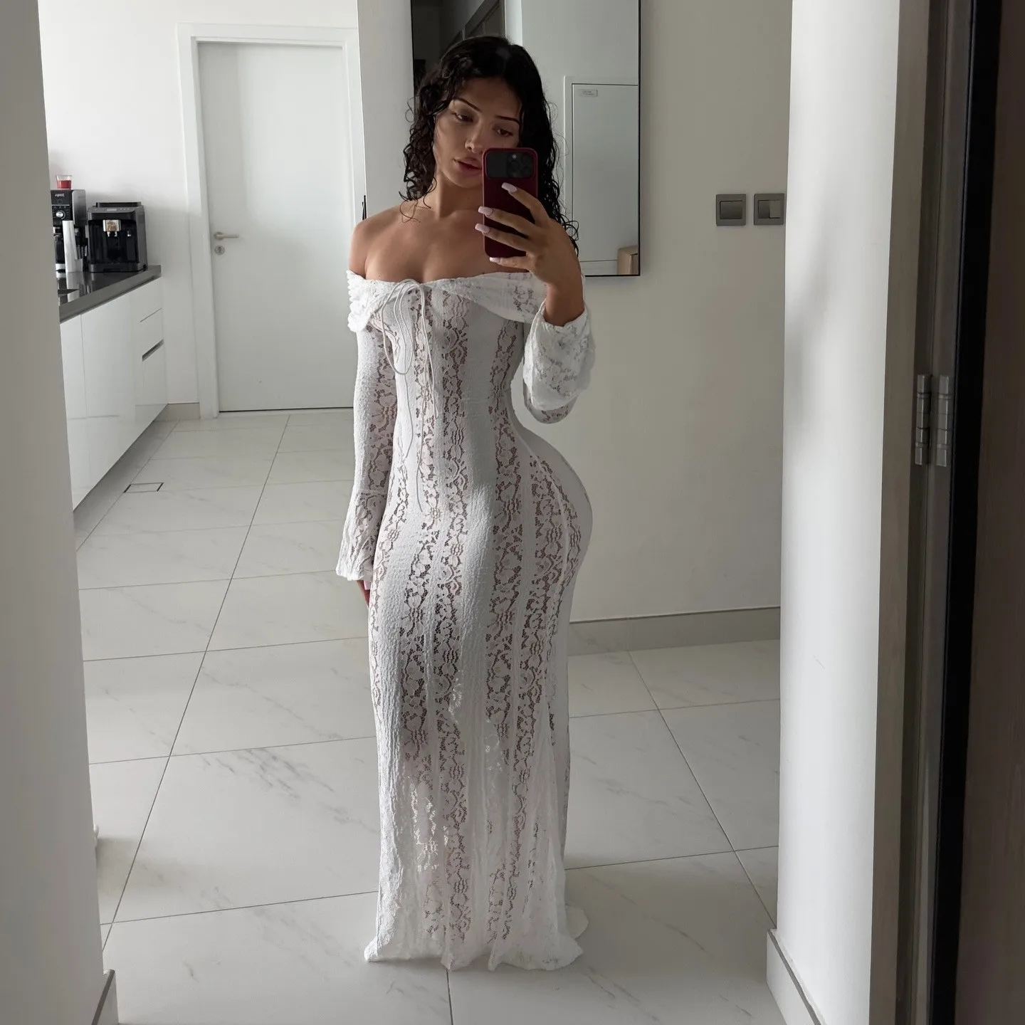 Women's Off Shoulder Long Flared Sleeve Lace Bodycon High Waist Dress for Wedding Guest Elegant Party Prom Wedding Party