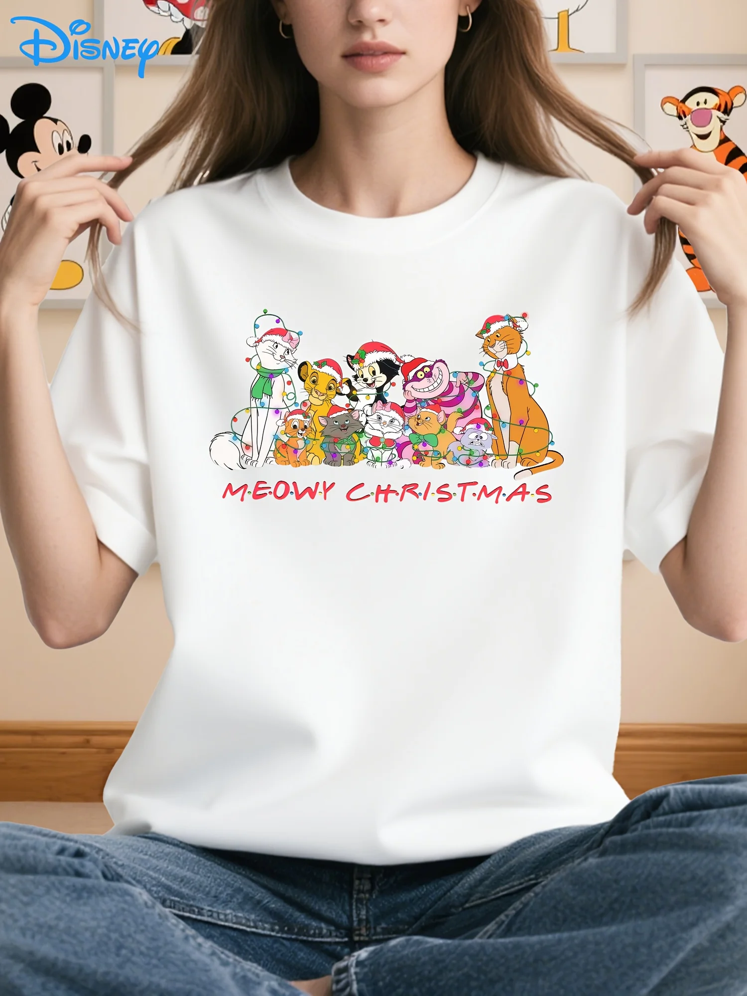 T-shirt grafica Disney Christmas Cats da donna - Top casual girocollo a maniche corte con design degli Aristogatti, Marie & Duchess