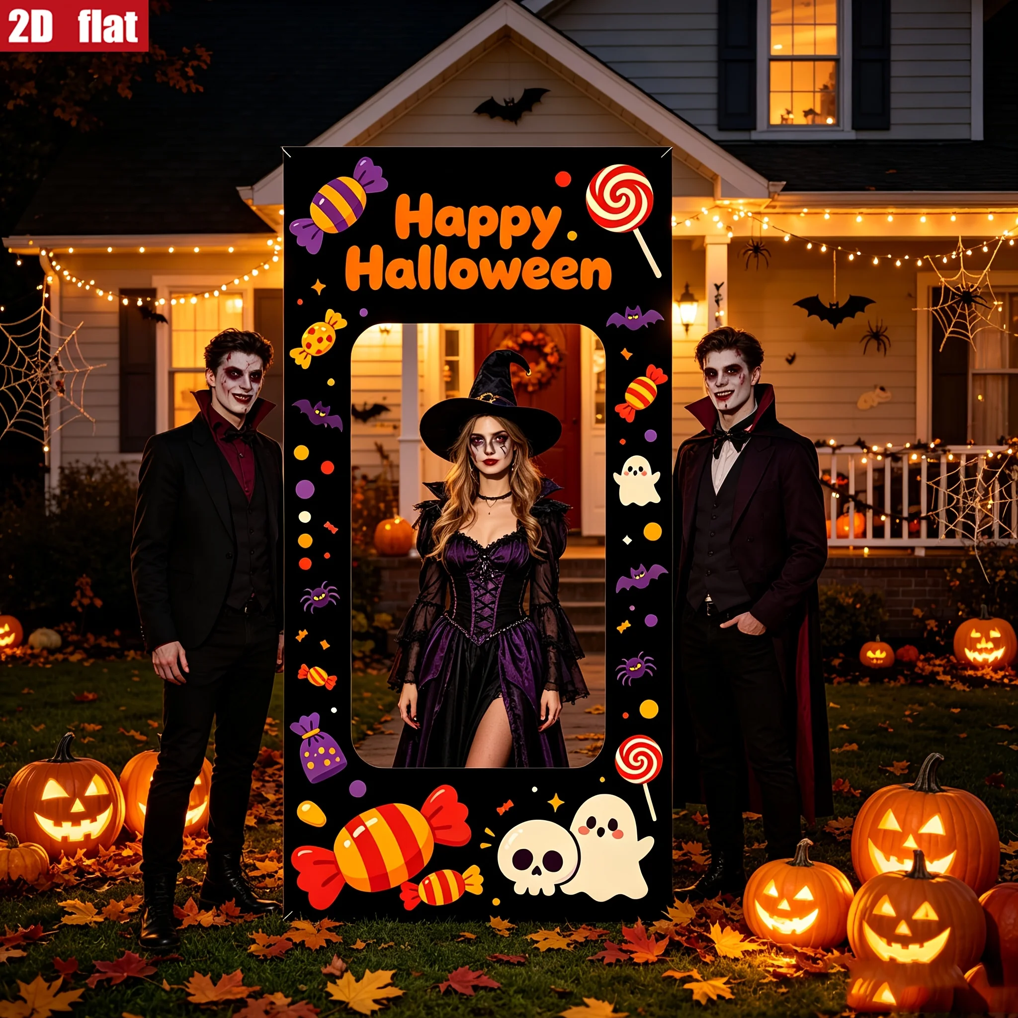 2D Flat 1pc Halloween Candy Skull Rounded‑Corner Cut‑Out Photo Frame Backdrop Banner, Thickened Selfie Photo Booth Prop