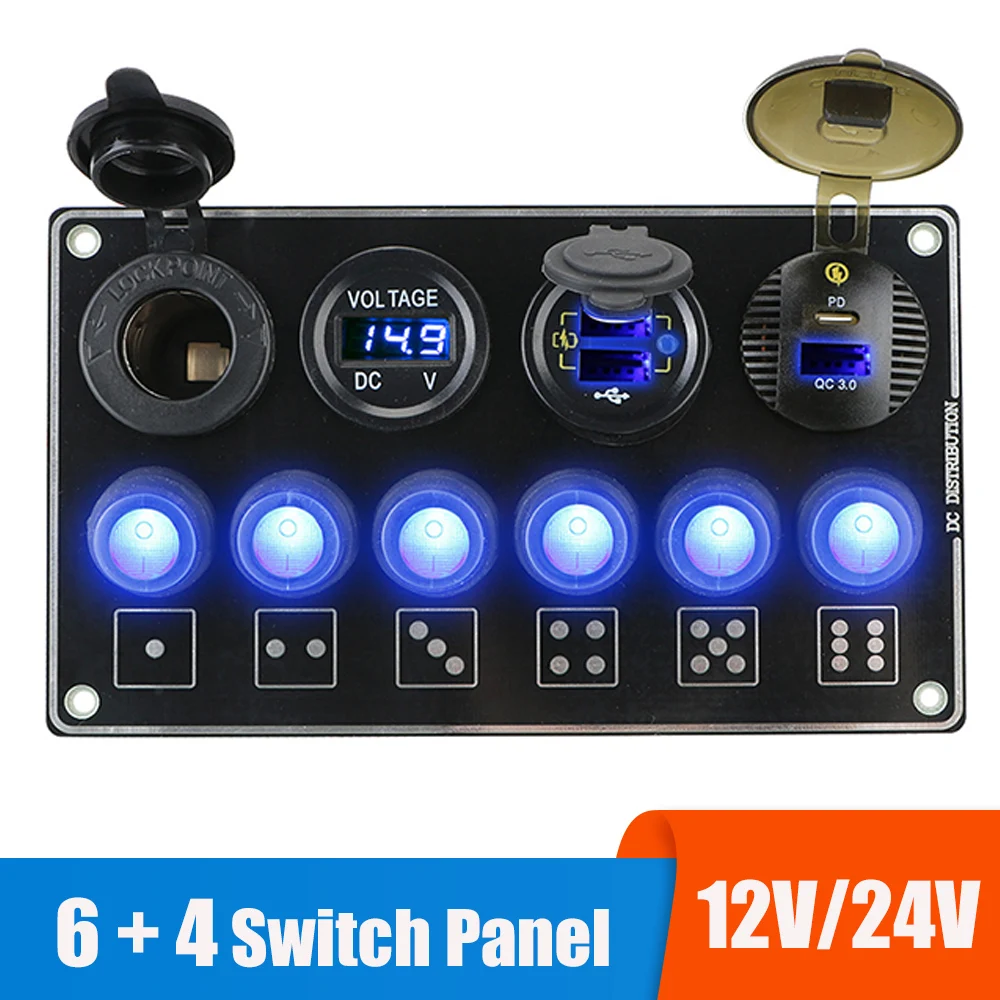 24V 12V Switch Panel 6 Buttons Car Light Toggle PD USB Chargers Power Adapter Caravan Accessories For Boat Marine Trailer Truck