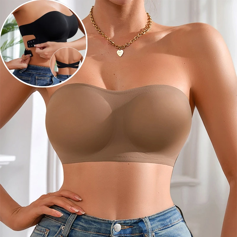 Sujetador sin costuras para mujer, ropa interior sin tirantes con hebilla lateral cruzada, de seda de hielo suave y acolchado extraíble