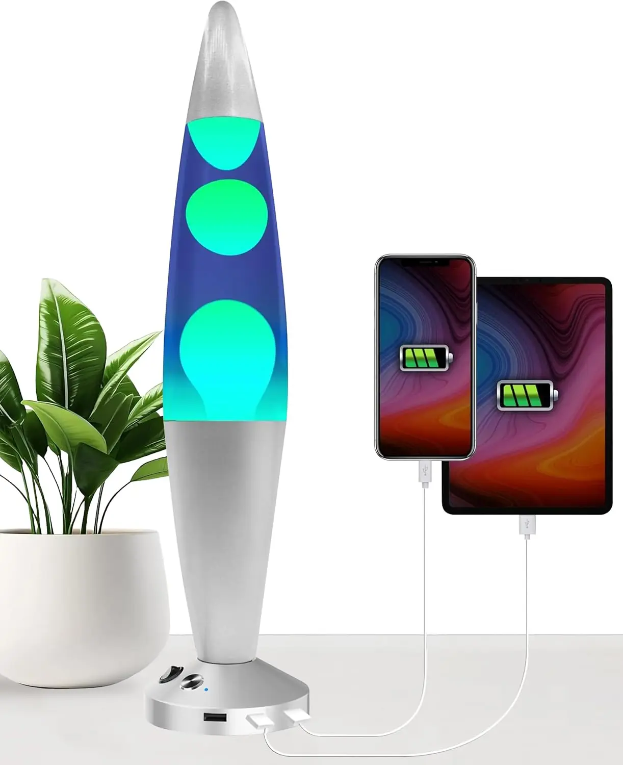 

16-Inch Relaxing Liquid Motion Lamp with Auto Shut Off, USB Charging for Home Decor in Silver and Blue