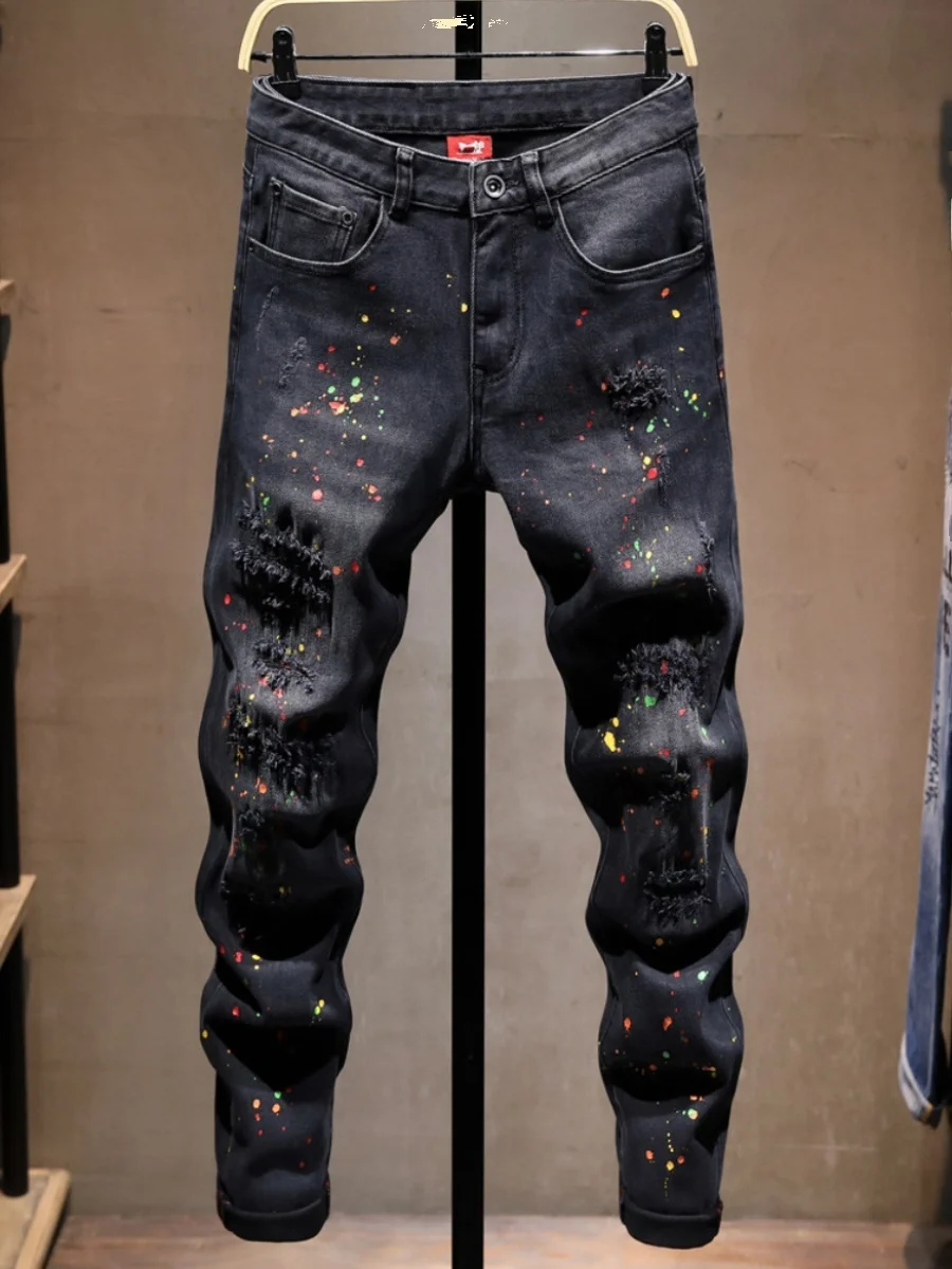 

Мужские модные джинсы-скинни с лоскутным узором, из хлопкового стрейч-денима, с эффектом потертости, осенне-зимние, новые, эластичные, облегающие, длинные брюки