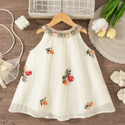(0-4 Year Old Baby Girl Dress) Summer New Colorful Flower Embroidery Vacation Casual Style Children'S Sleeveless Clothes
