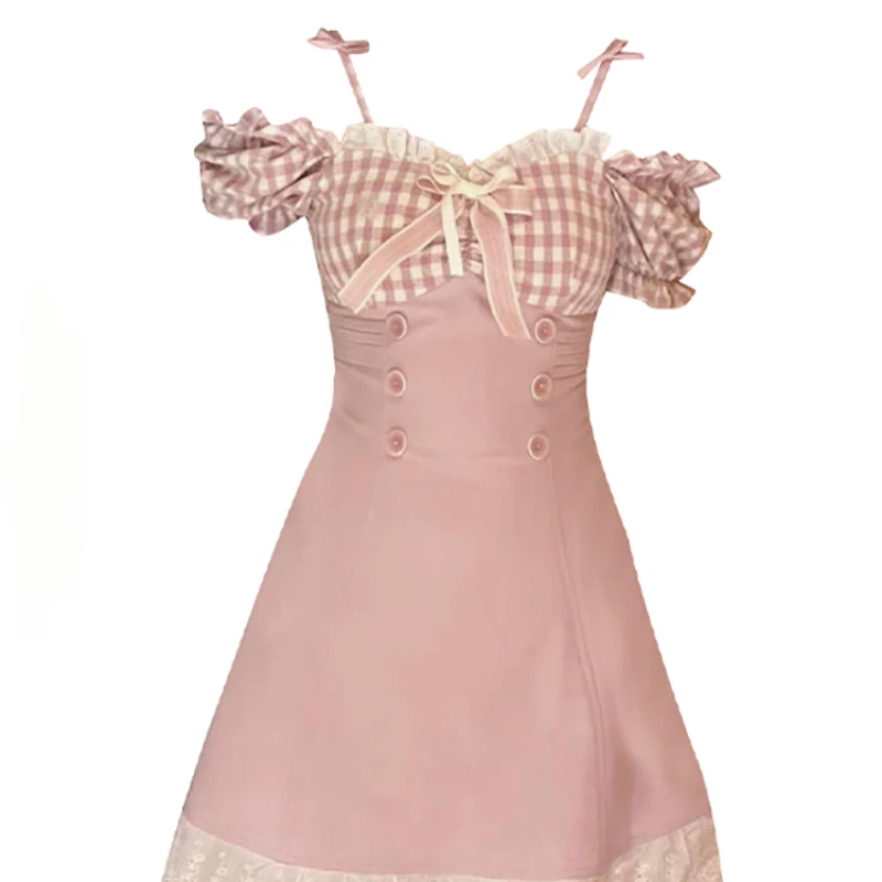 Summer Sweet Dopamine Pink Plaid Suspender Dress French Style Lace Stitching Loose One-shoulder A-line Skirts Female Clothes