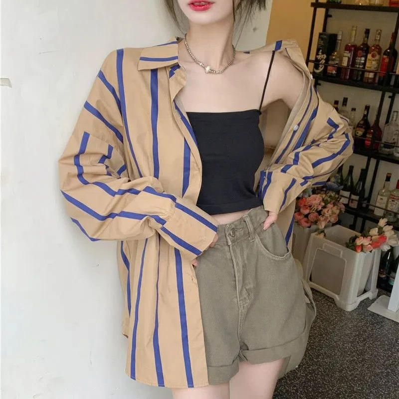 Korean New Spring and Autumn Women\'s 2024 New Patchwork Polo Collar Button Striped Fashion Loose Casual Long Sleeved Shirts