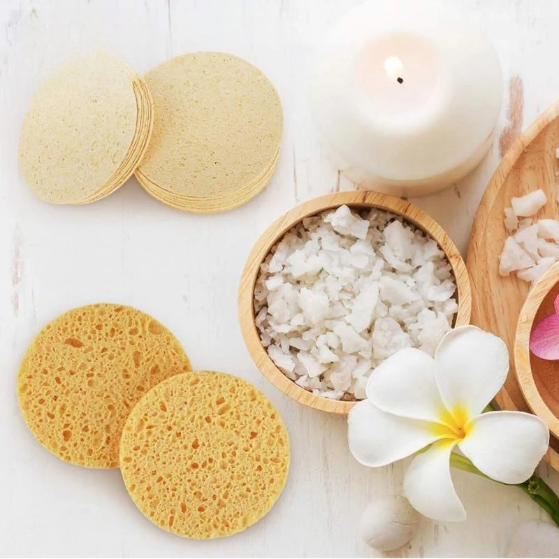 Almohadillas de limpieza exfoliantes de cúrcuma para mujer, esponja redonda para eliminar el maquillaje Facial, esponja de pulpa de madera Natural,