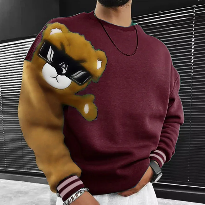 Cute Teddy Bear Printted Hoodies Casual Loose O-Neck Loog Sleeve Solid Color Pullover Spring Autumn Men Fashion Personality Tops