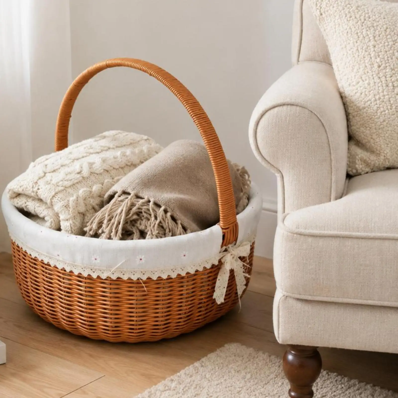 PP Rattan Picnic Basket Lined Interior Multipurpose Basket for Outdoor Picnic Family Fruit Snacks Storage