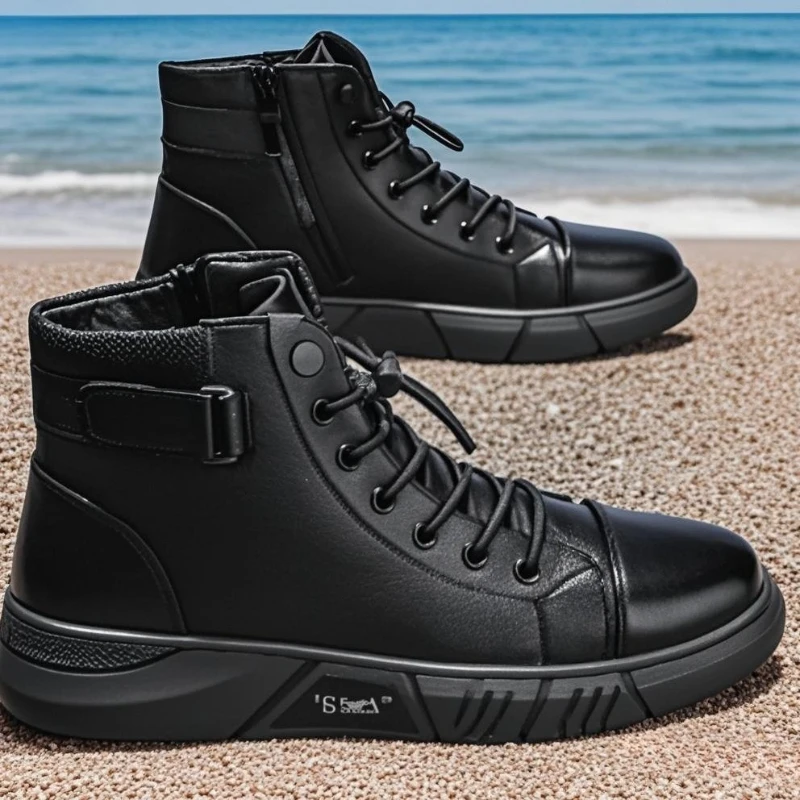 

2025 Men's High Top Motorcycle Boots Fashion Black Leather Boots New Outdoor Waterproof Platform Boot Men Boots Luxury Designer