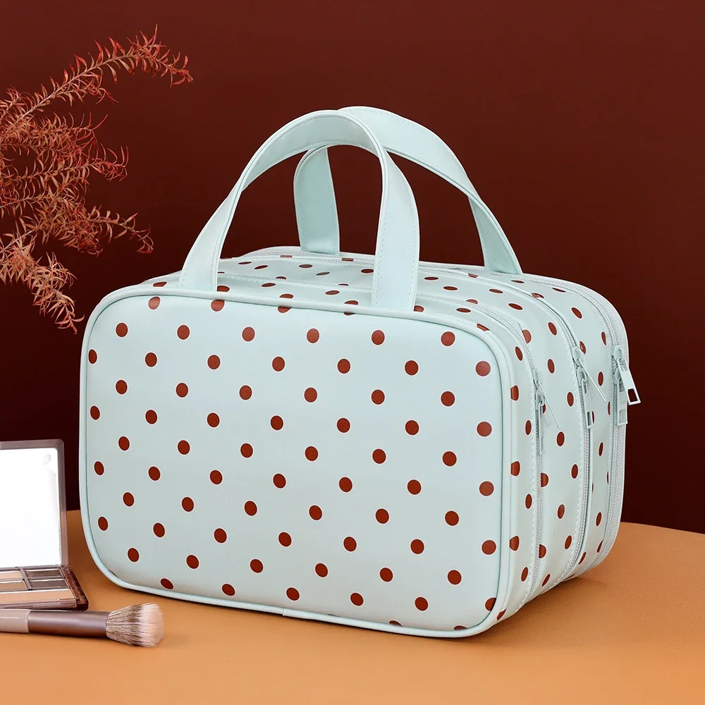 Gepunktete Kosmetiktasche mit großer Kapazität, wasserdichter PU-Reise-Toilettentaschen-Organizer, dreilagige Trennwand, Reise-Aufbewahrungstasche – Detail 17