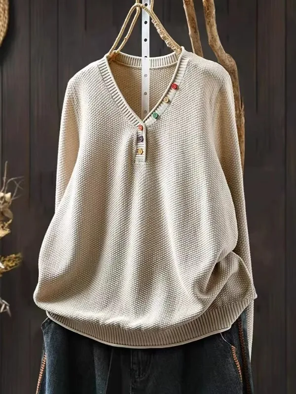 

Ранняя осень, повседневная вязаная длинная футболка V-Ne, женский свободный свитер, базовый топ, удобный дышащий хлопок