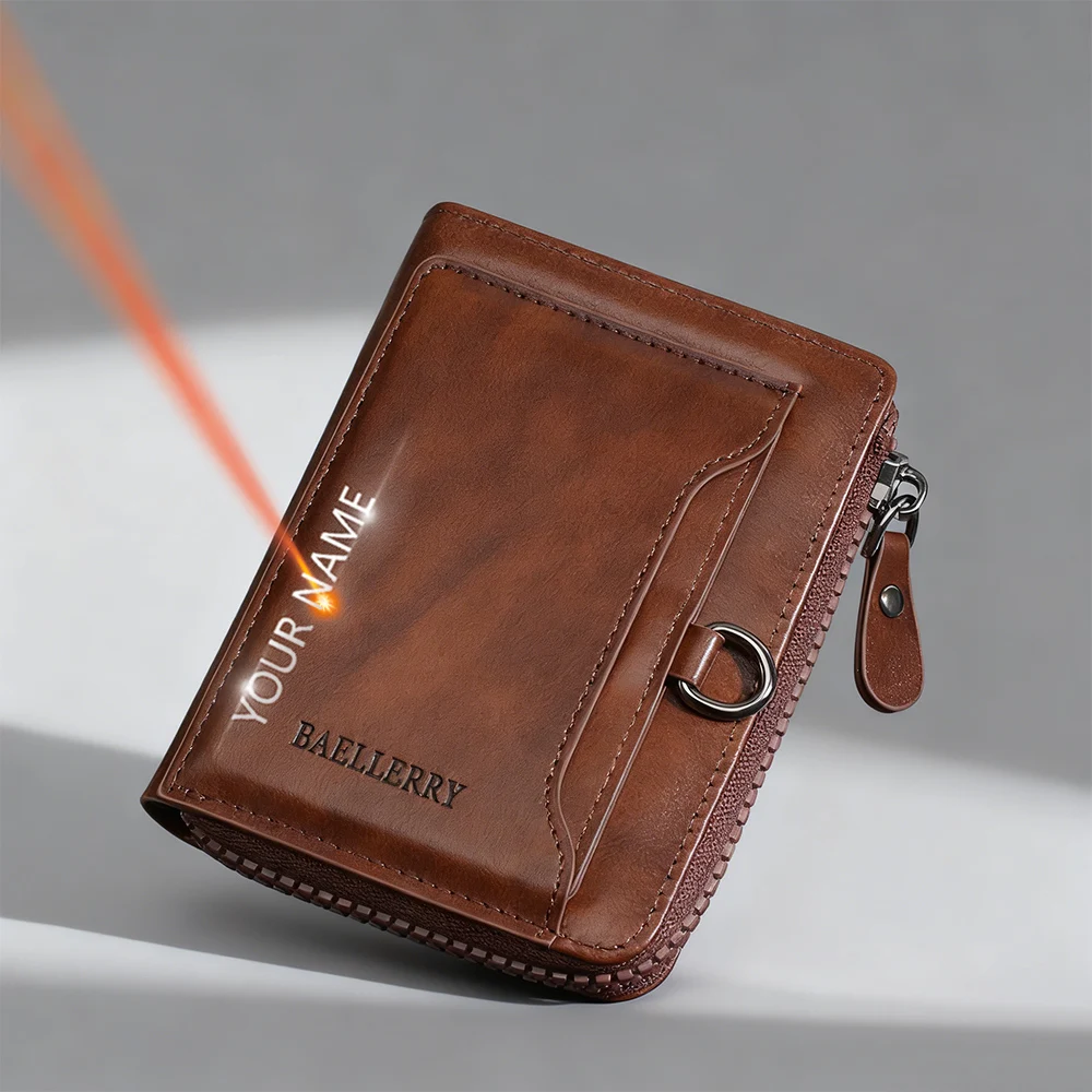 

Baellerry Высококачественные мужские кошельки в стиле ретро с гравировкой имени, зажимы для карт, мужские кошельки на молнии, держатель для удостоверения личности и фото, роскошный мужской кошелек