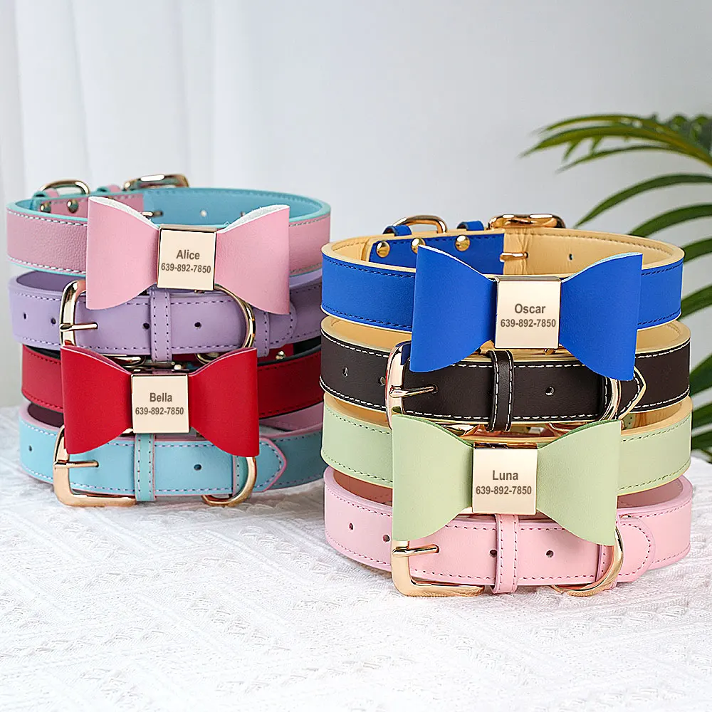 Personalisiertes Hundehalsband, niedliche Schleife, gravierte Hundehalsbänder, PU-Leder, Welpen- und Katzen-Halskette, verstellbar, für kleine, mittelgroße und große Hunde