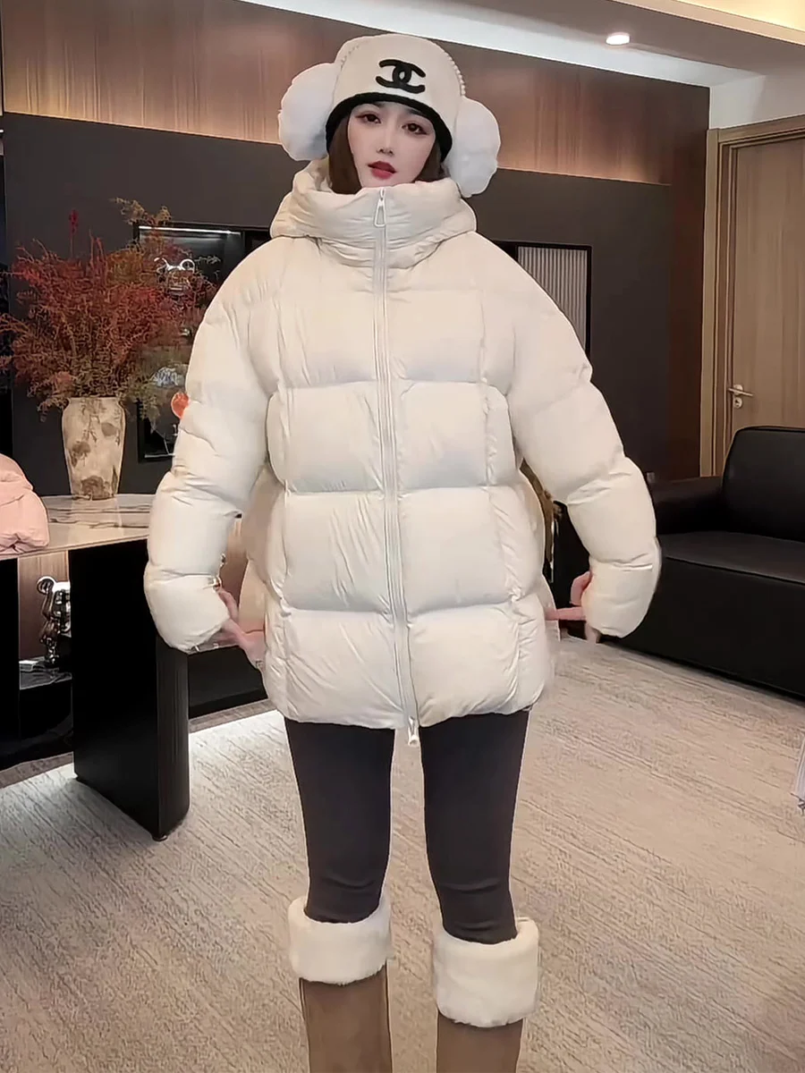 한국 슬레 클라우드 퍼프 화이트 듀 다운 자켓 여성용 겨울 코트 롱 루즈핏 후드 따뜻한 개성있는 아우터웨어