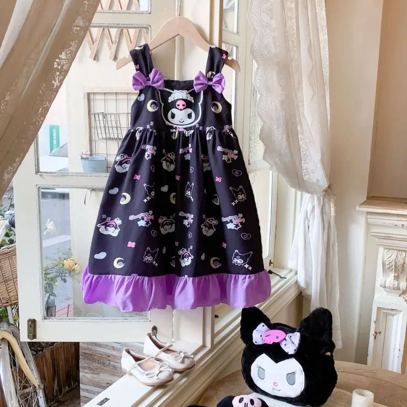 

Sanrio Girl Kuromi Kawaii платье принцессы летняя юбка средней длины с цветочным принтом из мультфильма аниме платье на подтяжках для детей