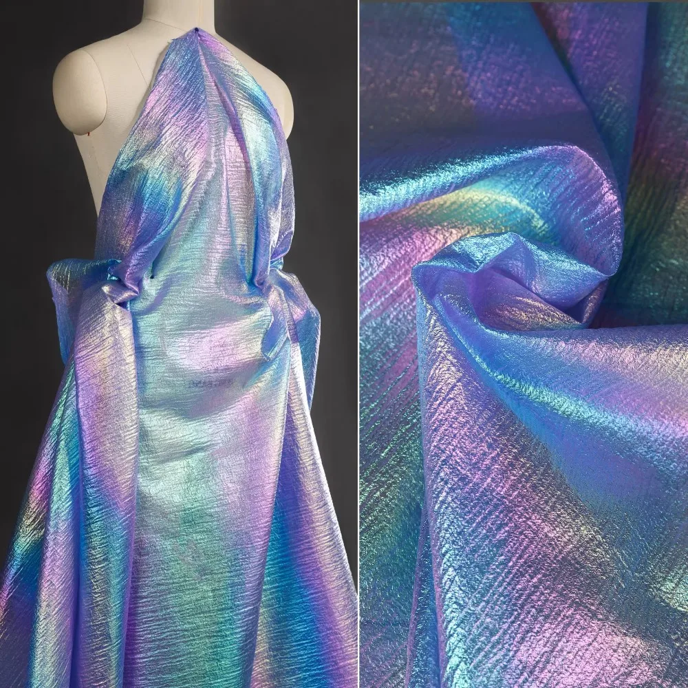 Pearl Mesh Fabric with Iridescent Laser Gradient Slight Wrinkle Translucent Luster for DIY Bridal Gown Stage Dress Design