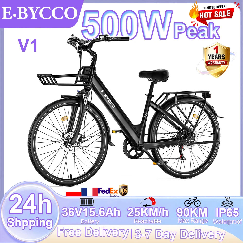 EBYCCO V1, vélo électrique avec moteur sans balais, puissance maximale de 500 W, batterie amovible de 36 V et 15,6 Ah, pneus de 28 pouces, freins à disque doubles, cadre en alliage d’aluminium, vitesse maximale de 25 km/h, autonomie de 90 km, vélo électrique pour adultes, idéal pour la ville et la plage.