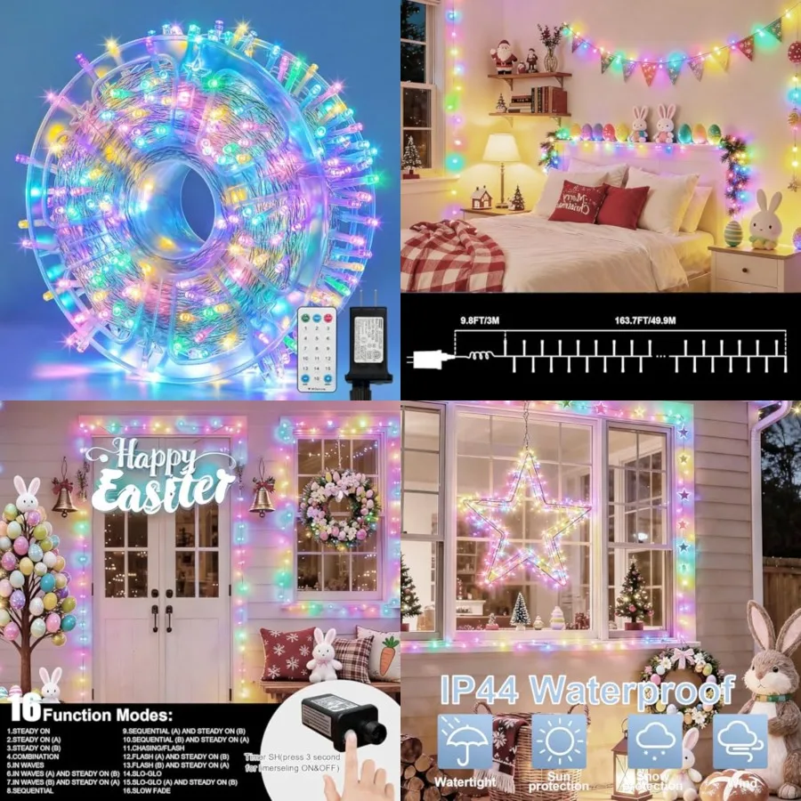 165Feet Pastel Easter Lights String, Christmas Mini Light, 500 LED with 16 Light Modes, Fairy Lights Plug in for Outdoor Xmas T