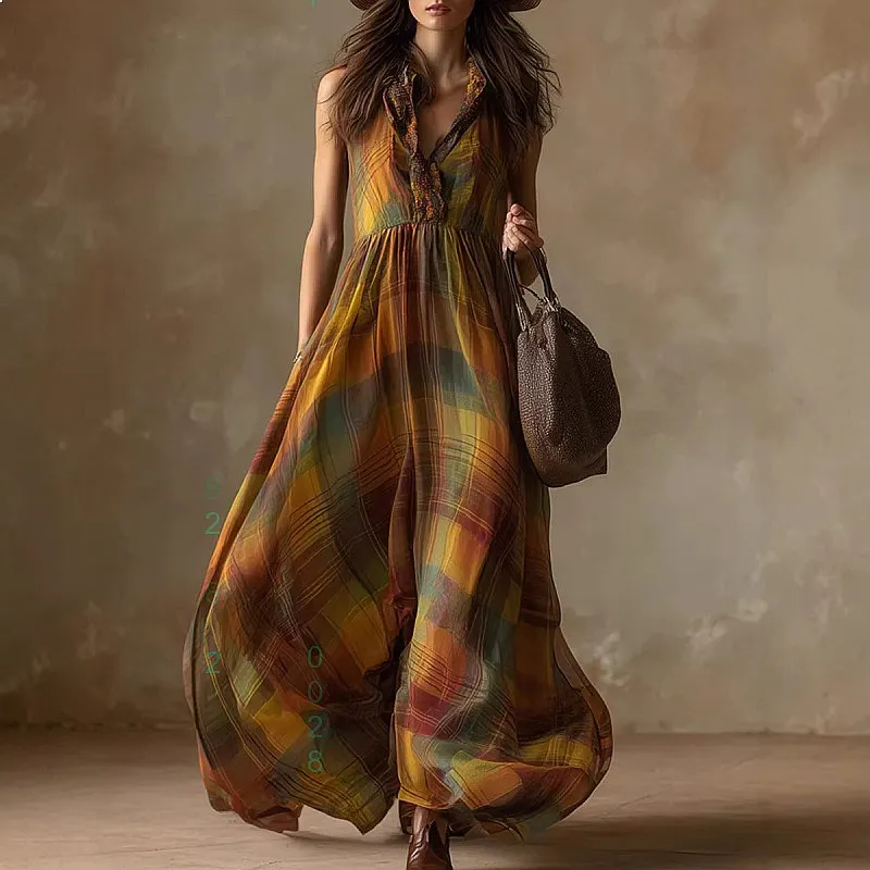 

Women Boho Beach Plaid Dress with Pockets Summer Dresses Jumpsuit Playsuit Matching Set