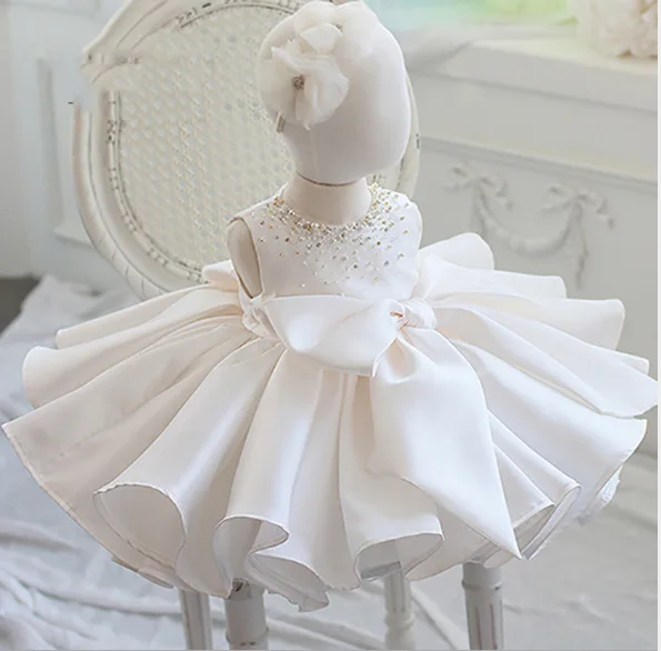 Infant Girl Cute Pearls Bow Newborn Baptism Dress Baby Girls Sleeveless Party Christening Dresses 1 Year Birthday Outfits y329