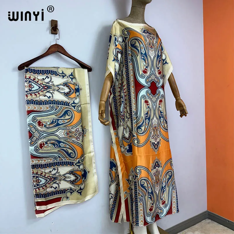 WINYI-Vestido estampado boho para mulheres, Dubai Muslim Dashiki, Design de férias com cinto, vestido de noite, Caftan Party Kaftan