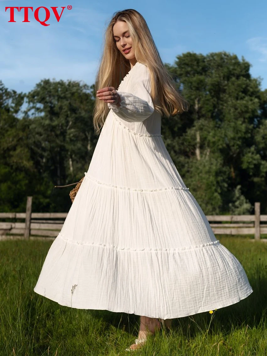 

TTQV модное свободное белое хлопковое женское платье 2025 повседневное платье с v-образным вырезом и длинными рукавами до щиколотки, элегантное женское платье с рюшами