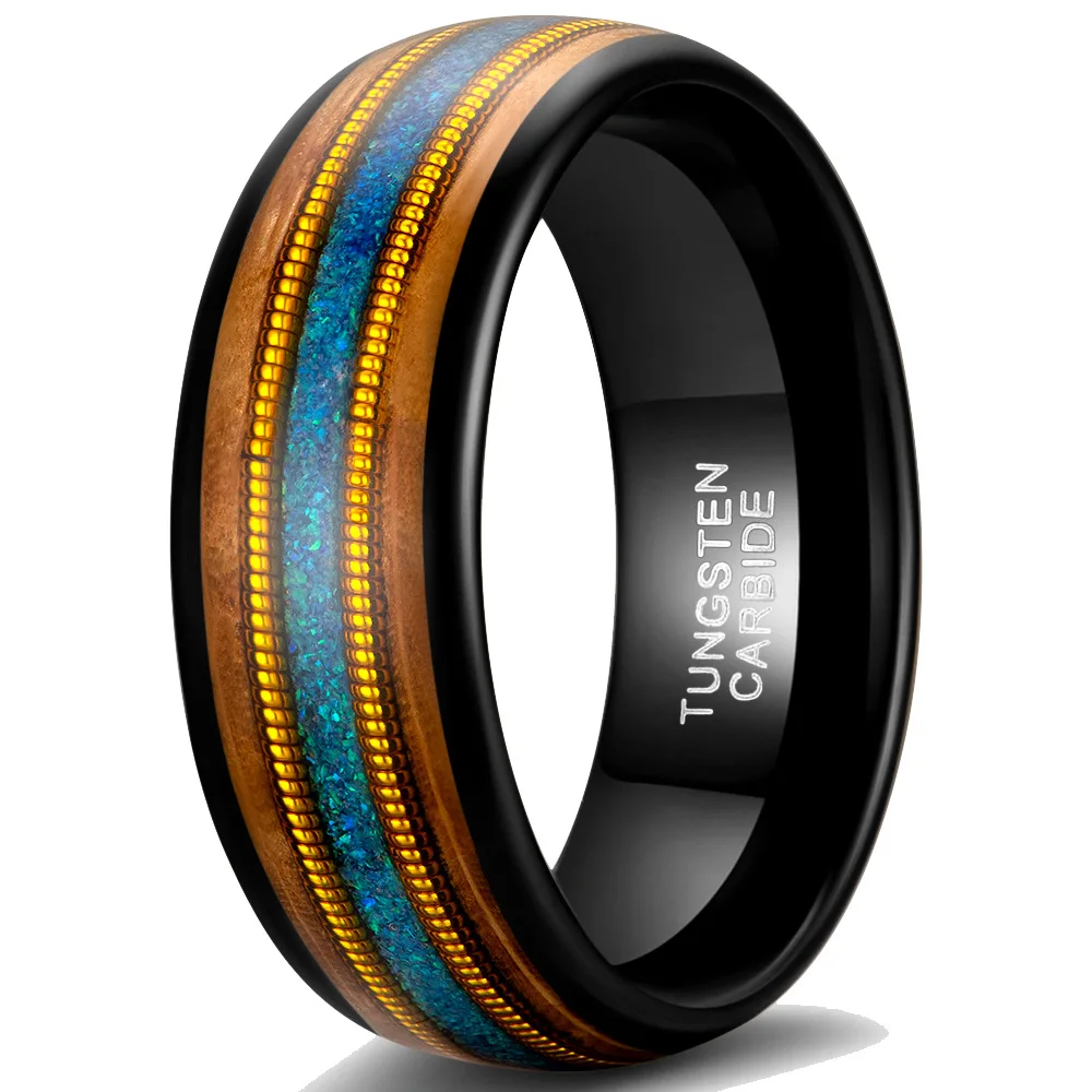 New In Ring 8mm Width Tungsten Carbide Rings for Man Inlay Natural Whiskey Wood&Opal with Gold/Silver Guitar Strips Size 7-13