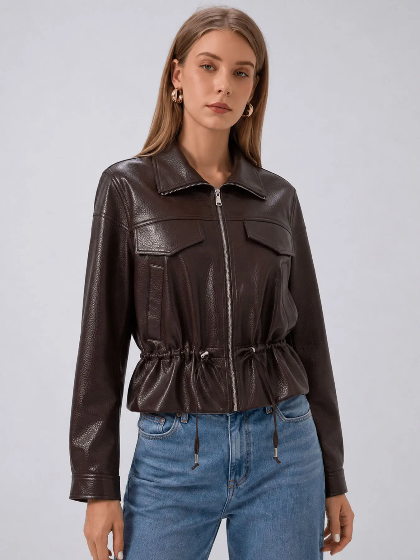 HH Ladies Fashion Adjustable Drawstring Faux Leather Lapel Coat Front Zip Pockets Long Sleeves Elegant Autumn Party Brown Jacket