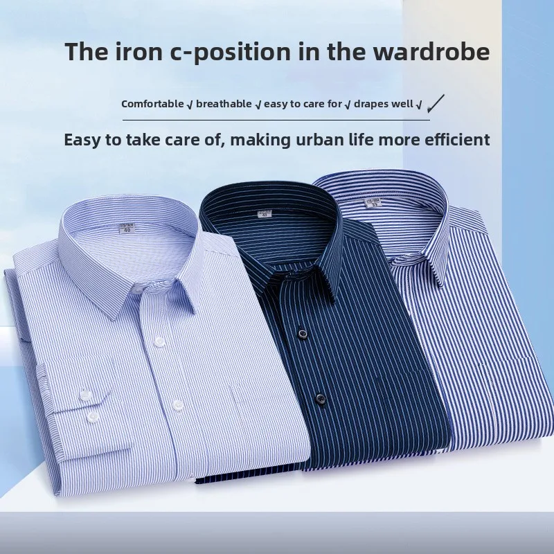 New In Shirts Men's Long-sleeve Striped Cotton Shirts Slim Fit Formal Polyester Shirt Single Pocket Office Fashion Male Clothes