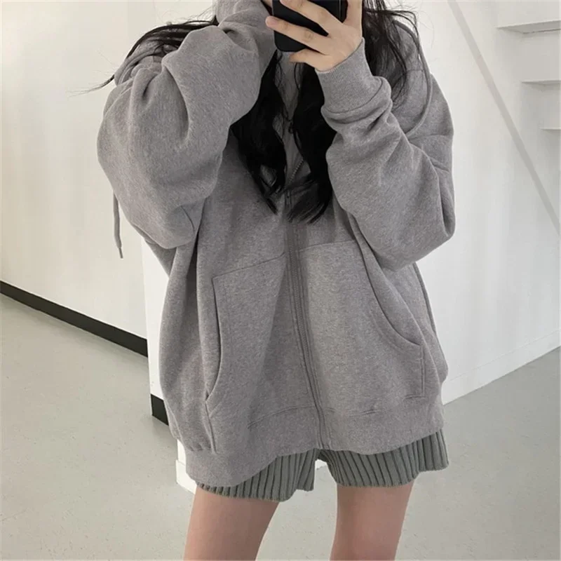 

Women Harajuku Solid Color Hoodies Autumn Casual Zipper Pocket Hooded Jacket Long Sleeve Sweatshirts Coat Female Korean Version