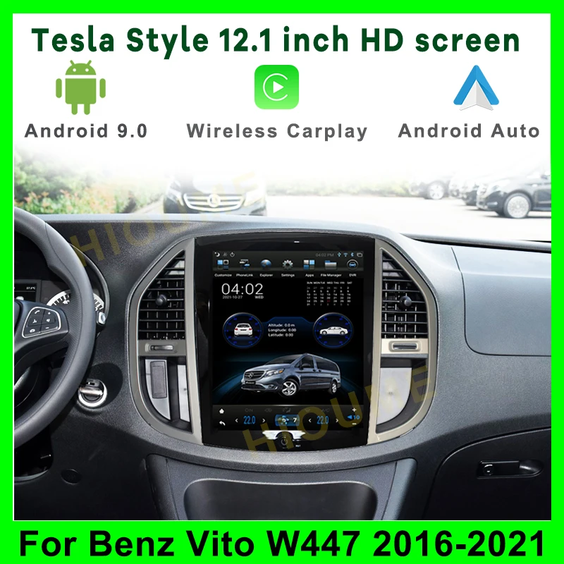 Tela Vertical Estilo Tesla para Mercedes Benz Vito W447, rádio do carro, reprodutor de vídeo multimídia automotivo, Android 9, Navi, 12.1 Polegada