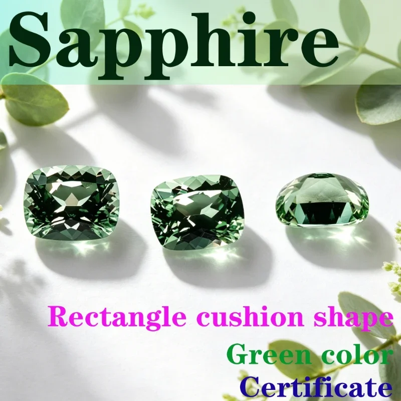 Laboratory Production Sapphire Stone Rectangle Cushion Shape Green Color Certificate