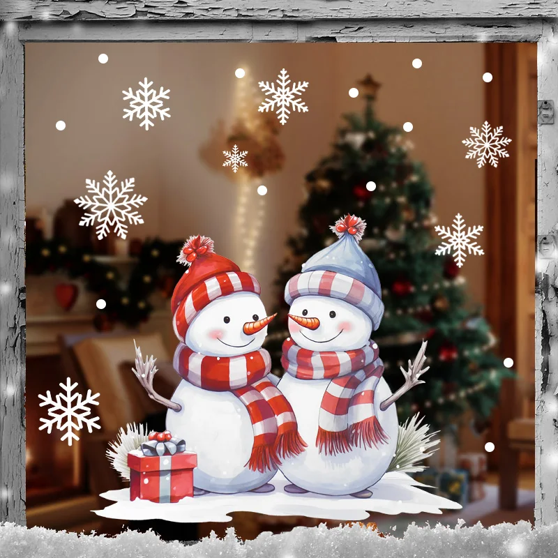 Cute Snowman Christmas Window Sticker 2025 New Year Snowflake Santa Claus Home Room Decoration 2024 Wall Glass Static Sticker