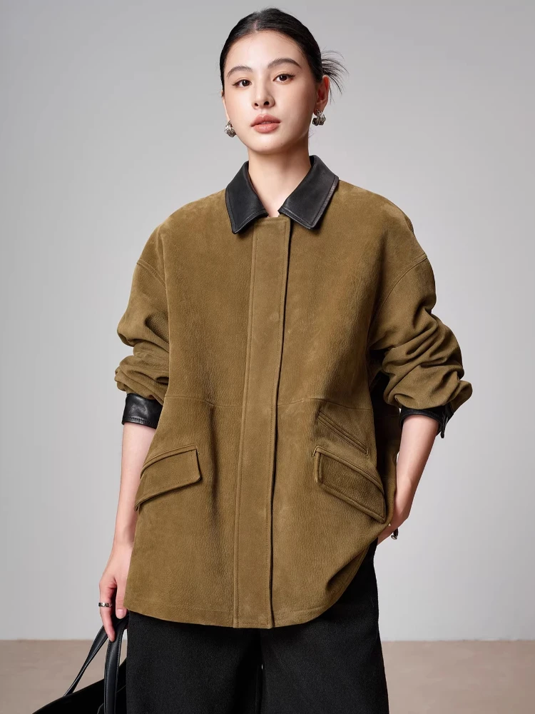 

Vintage Genuine Leather Cargo Jackets for Women Autumn Winter 2026 High-end Simple Loose Casual Deer Texture Real Goatskin Coat