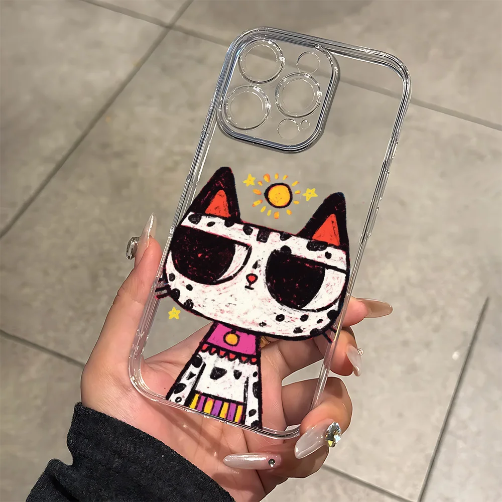 Art Graffiti Sun Cat Silicone Phone Case for IPhone 17 16 15 14 13 12 11 Pro Xs Max Air Mini 7 8 6 6s Plus SE 2020 2022 Cover