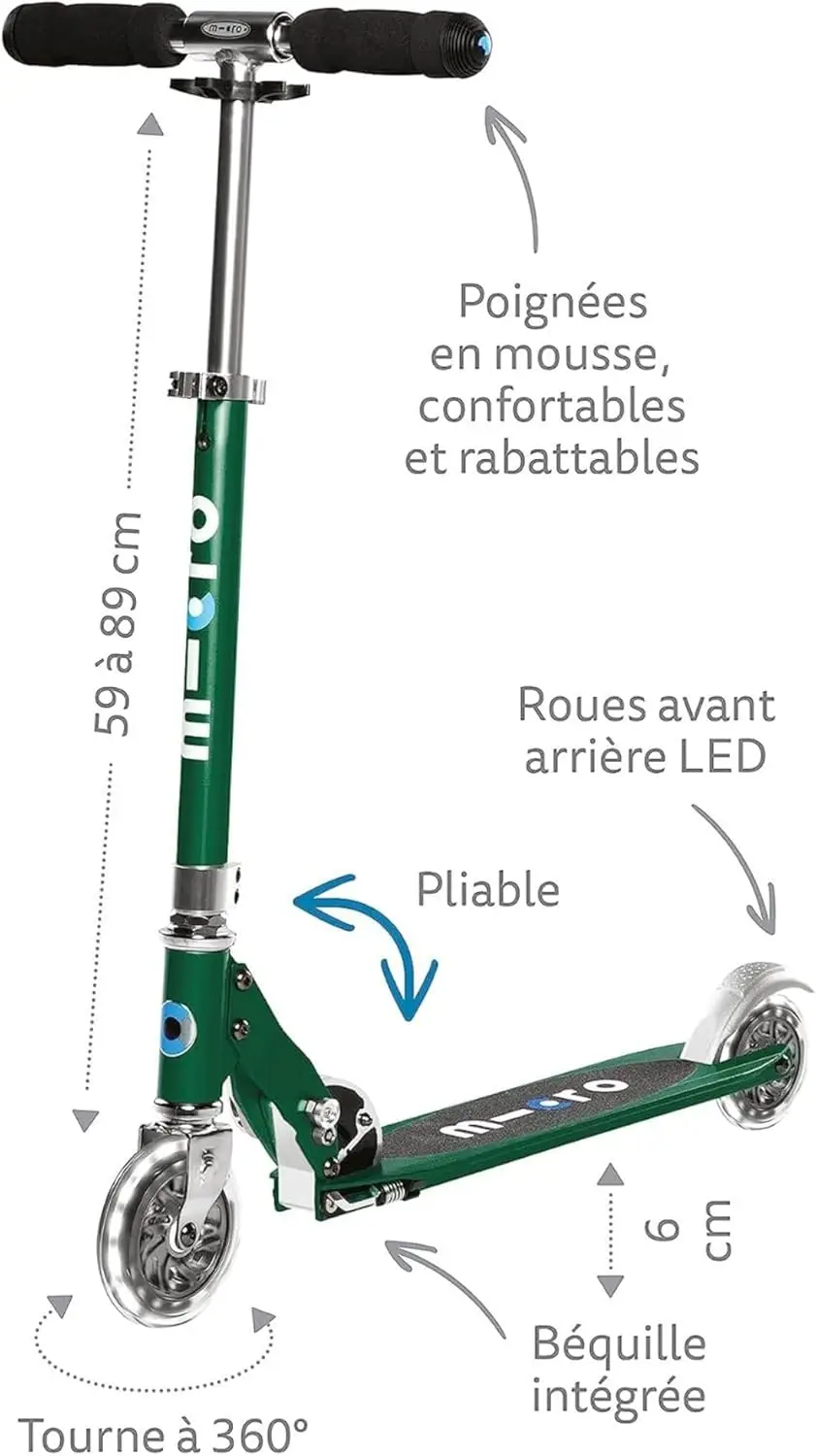 Béquille |   Sprite LED |   2 roues |   Plier à transporter |   Scooter léger de conception suisse |   Roues lumineuses |   Enfants et adolescents, A
