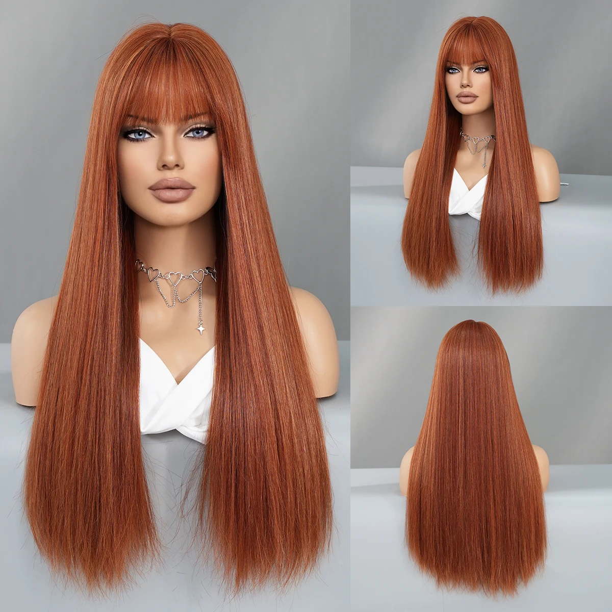 PARK YUN Long Straight Deep Orange Wigs with bangs for Women Popular Sweet Synthetic Wig for Daily Cosplay Halloween