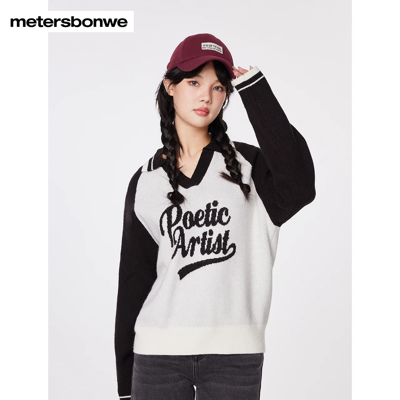 Metersbonwe-Women's Long Sleeves Sweater Color Clash V-Neck Stand Collar Polo Pullover  Comfortable Fir Campus Youth Winter